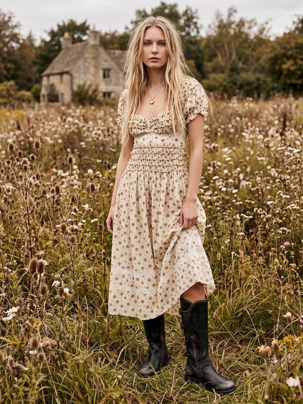 Free People Dainty Cottage Ethereal Bali Juniper Midi Dress 12 Lace Cream Floral